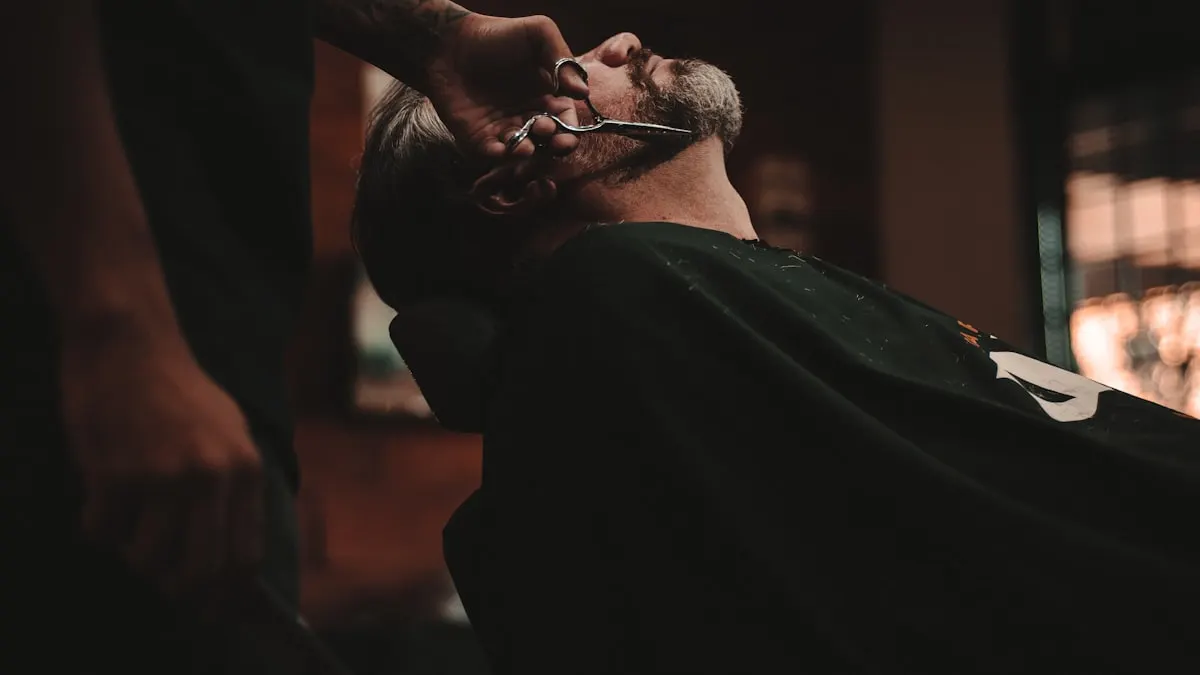 Modern barber shop interior with a customer having a haircut
